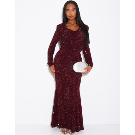 Robe longue moulante à paillette et col drapé
