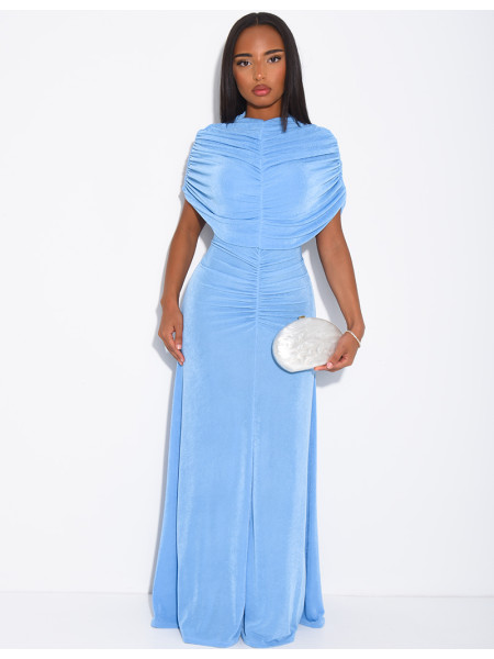 Robe longue moulante drapée manches courtes
