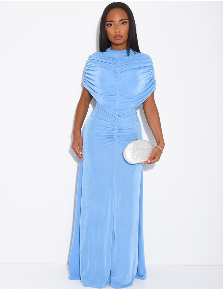 Robe longue moulante drapée manches courtes