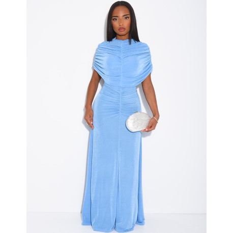 Robe longue moulante drapée manches courtes