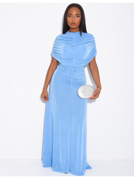 Robe longue moulante drapée manches courtes