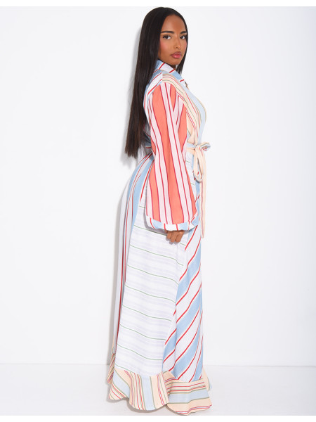 Robe longue à rayures col chemise à nouer
