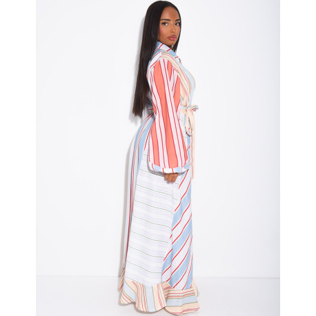 Robe longue à rayures col chemise à nouer