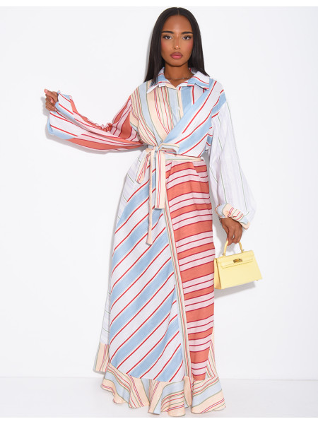 Robe longue à rayures col chemise à nouer