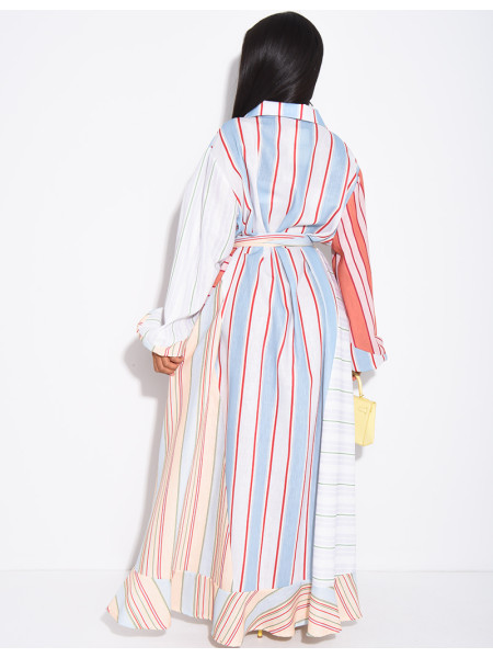 Robe longue à rayures col chemise à nouer