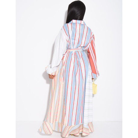 Robe longue à rayures col chemise à nouer