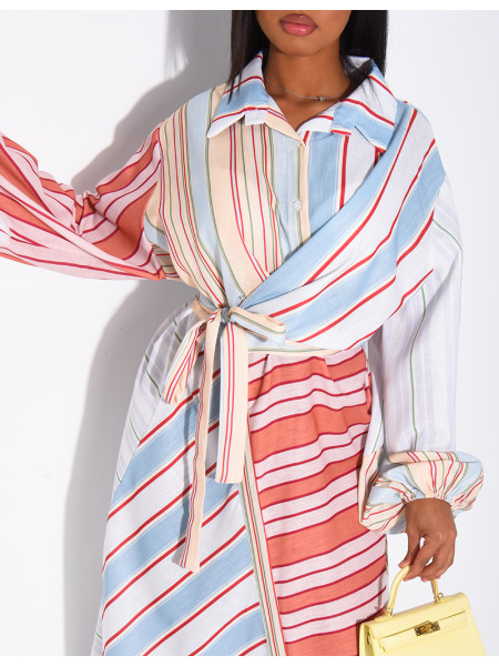 Robe longue à rayures col chemise à nouer