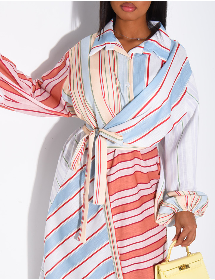Robe longue à rayures col chemise à nouer