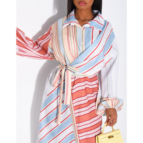 Robe longue à rayures col chemise à nouer