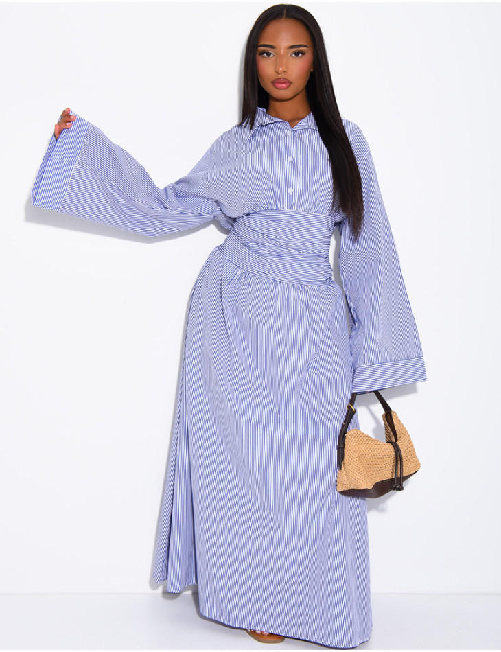 Robe longue rayée col chemise à cintrer