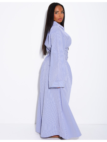 Robe longue rayée col chemise à cintrer