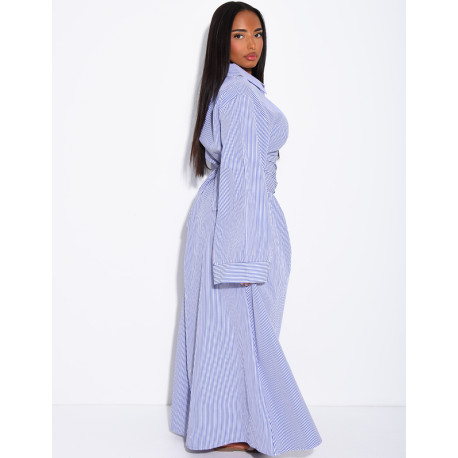 Robe longue rayée col chemise à cintrer