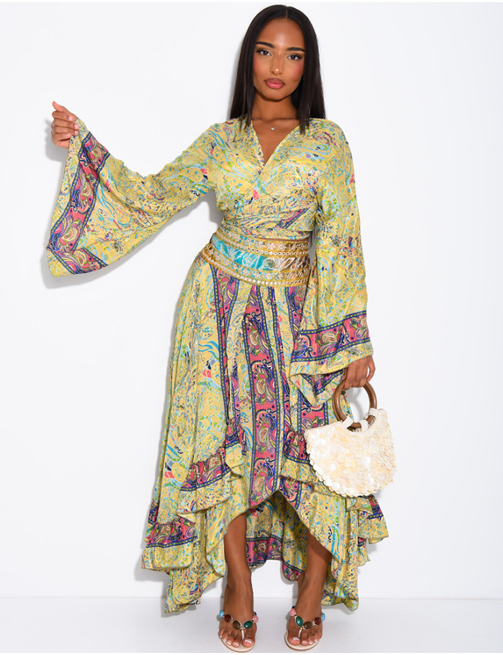Bohemian-Set aus langem Volantrock und Bindebluse