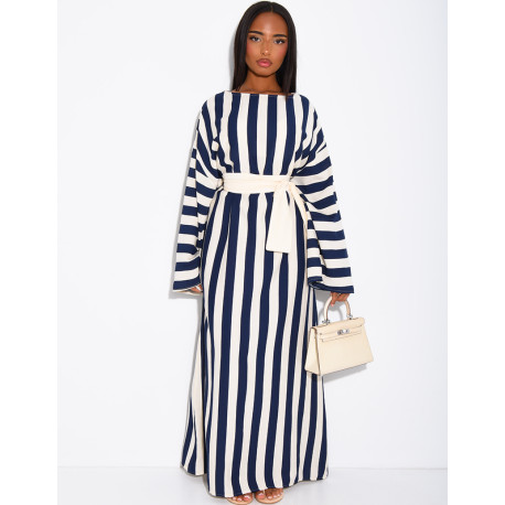 Robe effet lin à rayures avec ceinture large