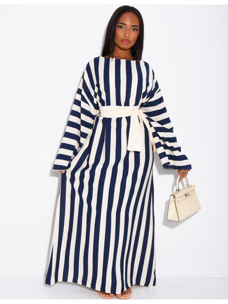 Robe effet lin à rayures avec ceinture large