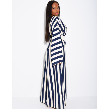 Robe effet lin à rayures avec ceinture large