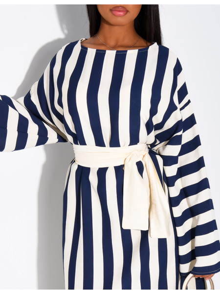 Robe effet lin à rayures avec ceinture large