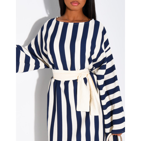 Robe effet lin à rayures avec ceinture large