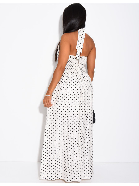 Robe longue dos nu à pois et broche à la taille