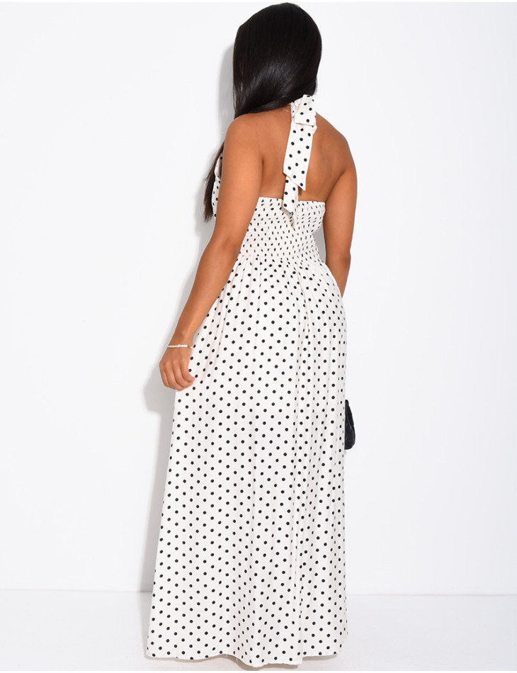 Robe longue dos nu à pois et broche à la taille
