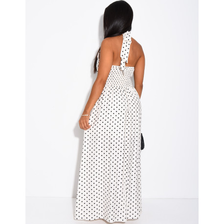 Robe longue dos nu à pois et broche à la taille