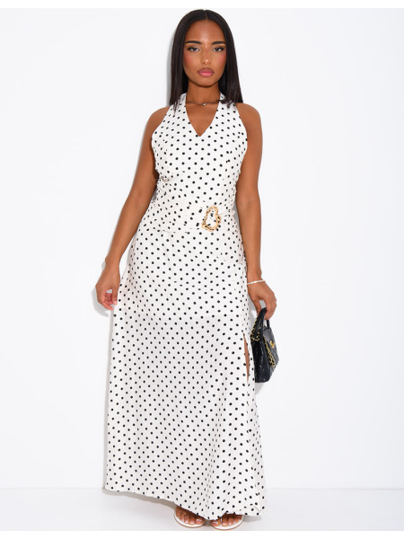 Robe longue dos nu à pois et broche à la taille