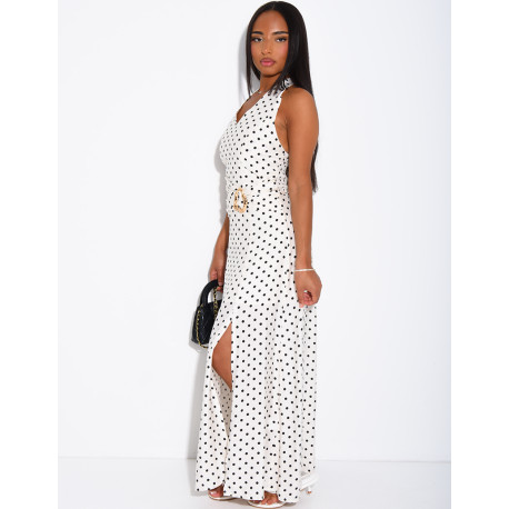 Robe longue dos nu à pois et broche à la taille
