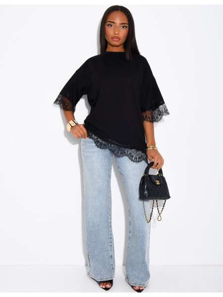 Ribbed T-shirt with lace trim