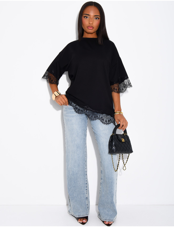 Ribbed T-shirt with lace trim