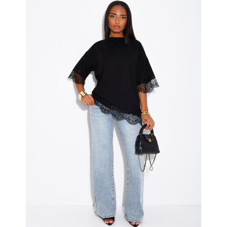 Ribbed T-shirt with lace trim