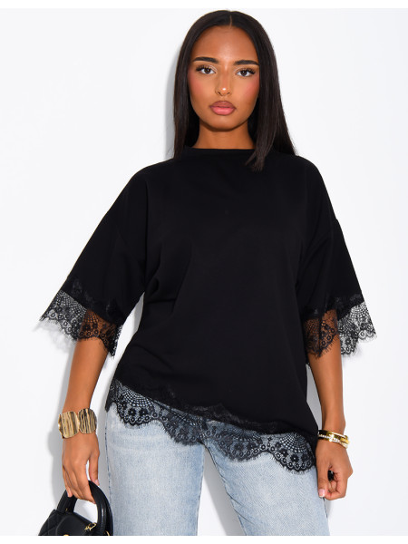 Ribbed T-shirt with lace trim