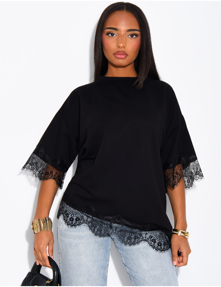 Ribbed T-shirt with lace trim