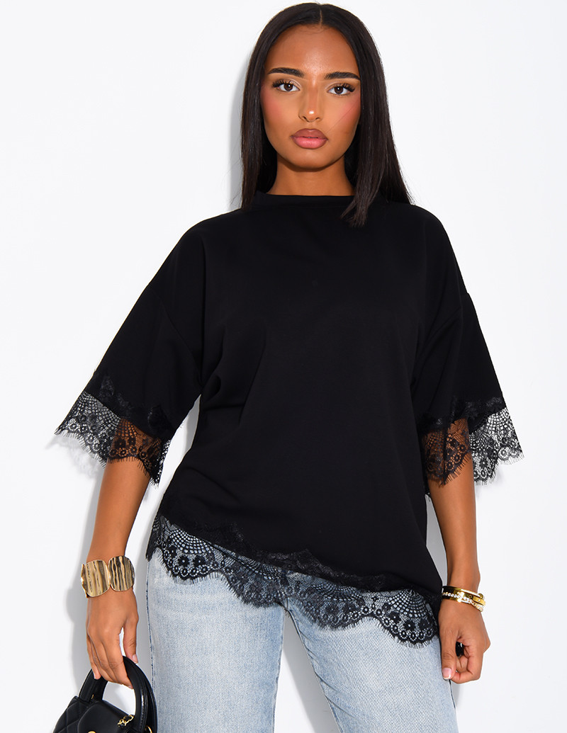 Ribbed T-shirt with lace trim