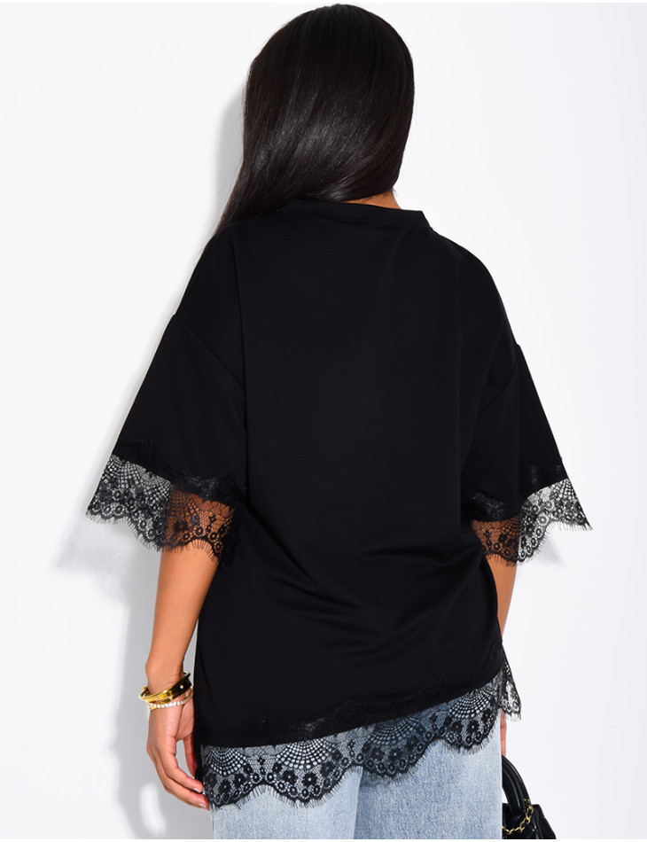 Ribbed T-shirt with lace trim