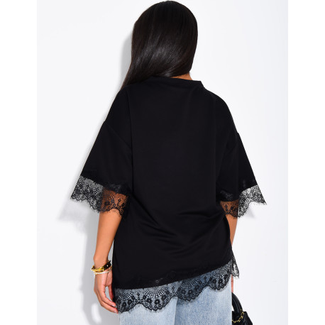 Ribbed T-shirt with lace trim