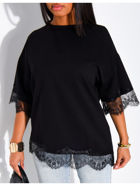 Ribbed T-shirt with lace trim