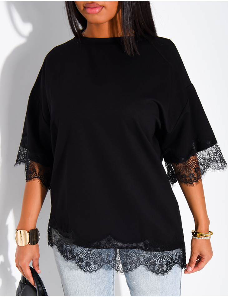 Ribbed T-shirt with lace trim