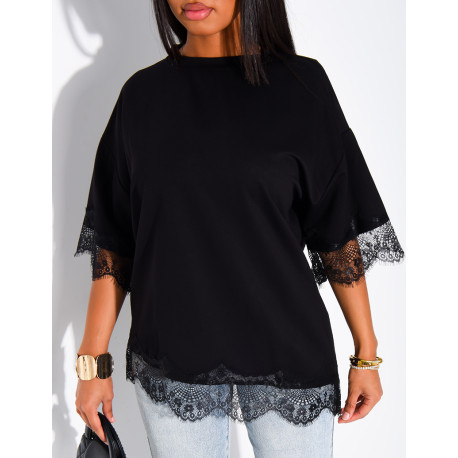 Ribbed T-shirt with lace trim