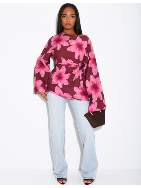 Floral linen-effect top with a tie-back design