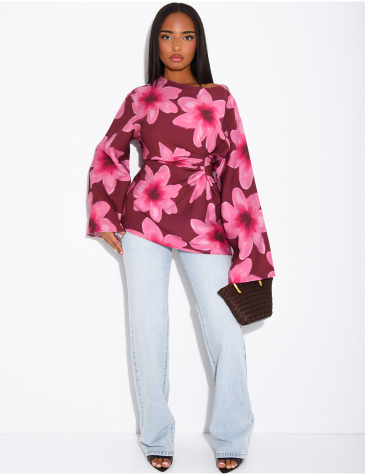Floral linen-effect top with a tie-back design