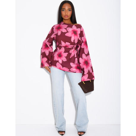 Floral linen-effect top with a tie-back design