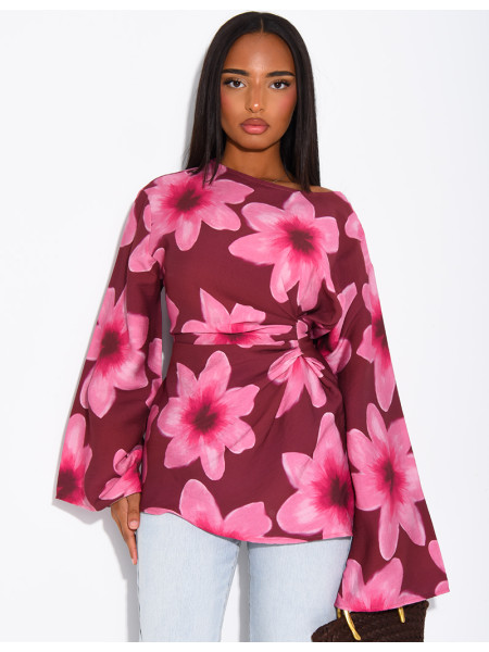 Floral linen-effect top with a tie-back design