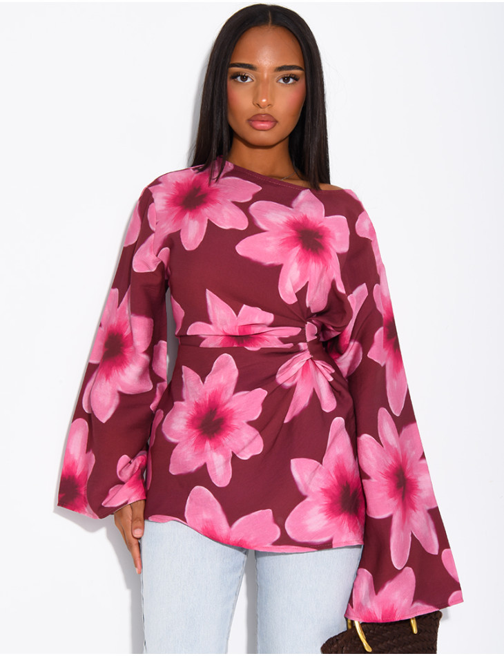 Floral linen-effect top with a tie-back design