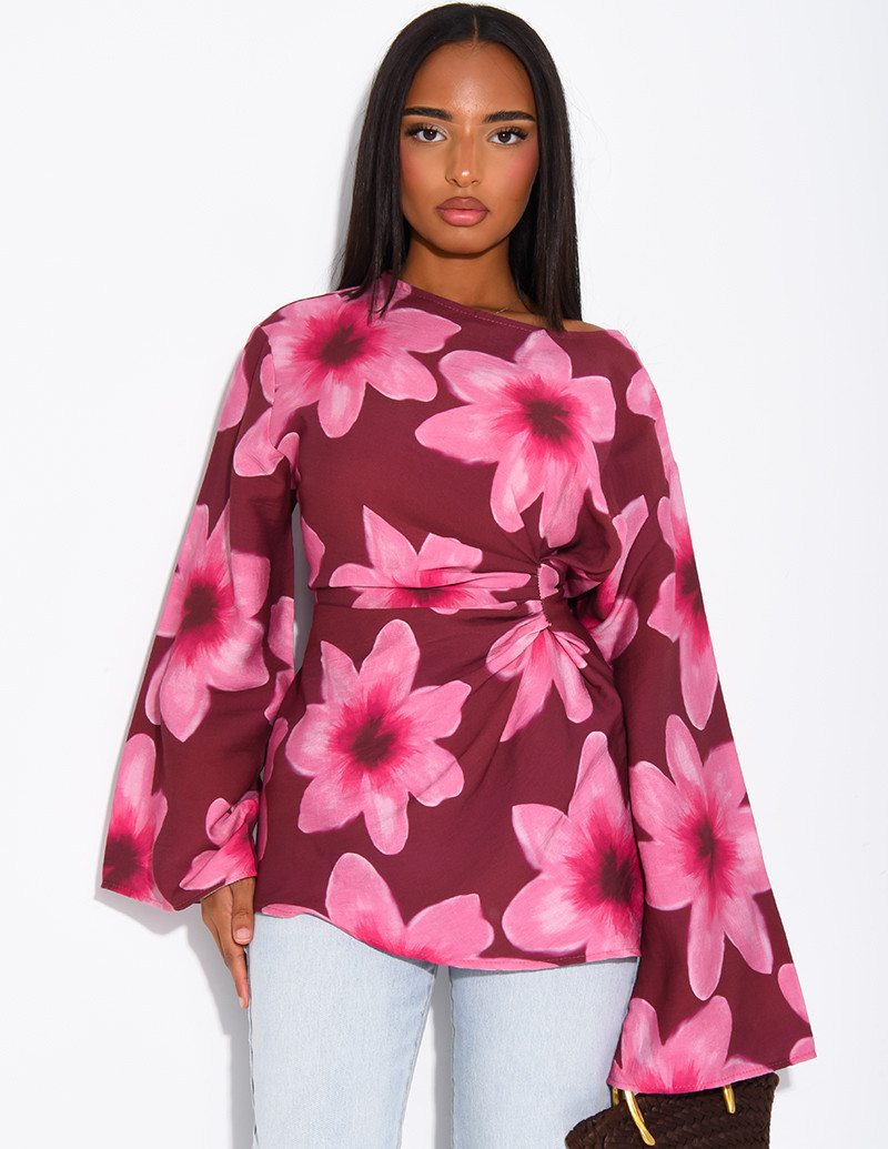 Floral linen-effect top...
