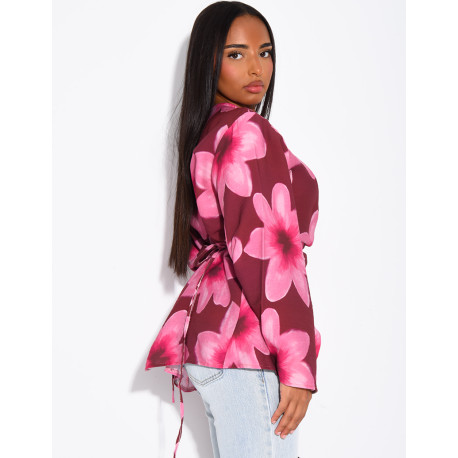 Floral linen-effect top with a tie-back design