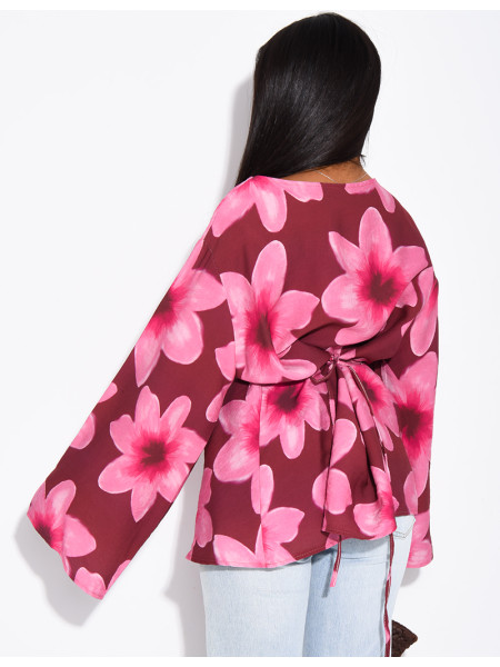 Floral linen-effect top with a tie-back design