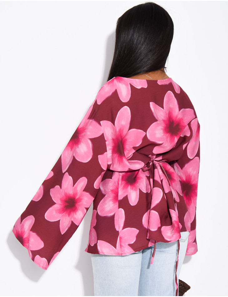 Floral linen-effect top with a tie-back design