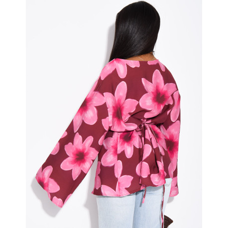 Floral linen-effect top with a tie-back design