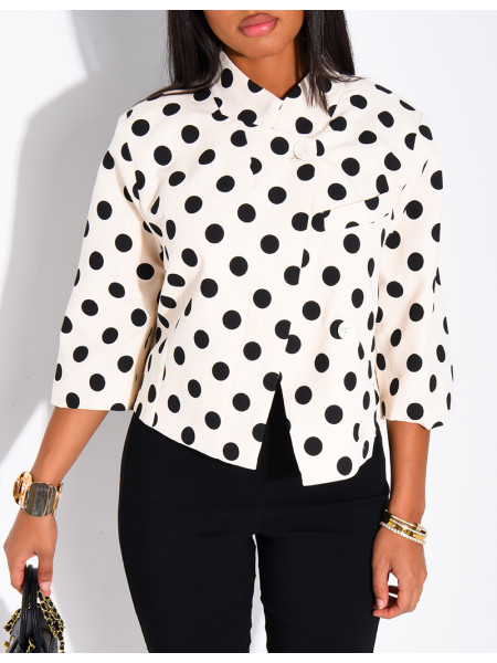 Short double-breasted blazer with polka dots and shoulder pads