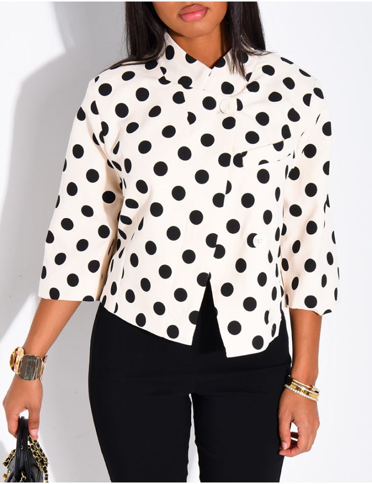 Short double-breasted blazer with polka dots and shoulder pads